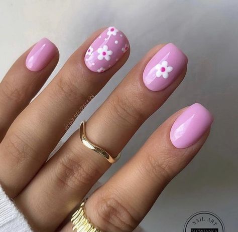 56 Best All Color Summer Nail 2023 | Summer Nails Coffin Pink Nails With One Flower Nail, Flowers On Pink Nails, Gel Short Nails Ideas Spring, Pink Flower Gel Nails, Floral Gel Nails Short, Floral Nail Designs Short Nails, Short Nail Designs Minimal Spring, Short Nail Designs For Spring, Short Nail Designs Flowers Simple