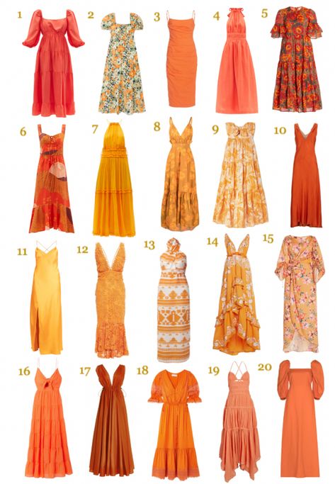 Floral Dress Stitching Ideas, Orange Frocks For Women, Orange Patterned Dress, Orange Dress Styling, Orange Dress Outfit Casual, Orange Gown Dress, Orange Dress Outfit Summer, Orange Dress Outfit Wedding, Red Accessories Outfit