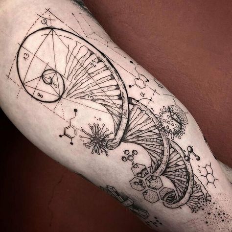 Black Chemistry Tattoo Tatouage Fibonacci, Physics Tattoos, Scientific Tattoo, Fractal Tattoo, Chemistry Tattoo, Fibonacci Tattoo, Realistic Butterfly Tattoo, Evolution Tattoo, Unique Half Sleeve Tattoos