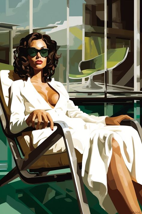 oil painting art of tan woman in a lounge chair beside a Art Deco penthouse pool, in the style of Jack Vettriano, white amber green palate, fashion illustrations, digital art techniques, wavy, intense gaze --v 5.2 --ar 2:3 Jack Vettriano Paintings, Penthouse Pool, Jack Vettriano, Illustrations Digital, Tan Woman, Pulp Art, Two Girls, Sacred Art, Fashion Illustrations