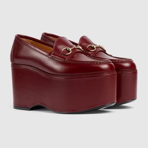 Shop the Women's Gucci Horsebit platform loafer in bordeaux at GUCCI.COM. Enjoy Free Shipping and Complimentary Gift Wrapping. Red Platform Shoes, Savoy Hotel, Gucci Platform, Horsebit Loafers, Red Platform, Gucci Store, White Dress Shoes, Guccio Gucci, Gucci Horsebit