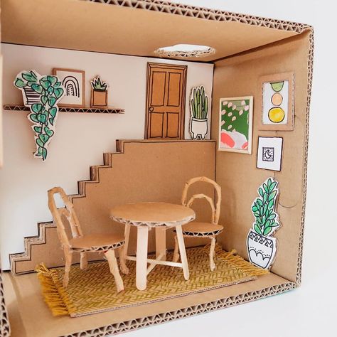 Cardboard Doll House Diy, Homemade Dollhouse, Doll House Diy, Cardboard Box Houses, Dollhouse Dining Room, Cardboard Dollhouse, House Dining Room, Doll House Crafts, Diy Casa