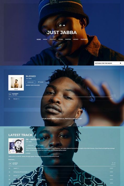 Just Jabba is a South African hip-hop artist. Their music website template gives their press photos the spotlight. They've created a slideshow and their website content sits on top - creating a very visually dynamic website design. If you're creating a band website or a website for your music, check out pantsulamakeplan.com for inspiration, or click through to learn more about website design. Music Portfolio Design, Festival Website Design Inspiration, Artist Epk Design, Music Producer Website, Website Design For Artists, Music Artist Website Design, Music Website Design Inspiration, Music Studio Website, Music Artist Branding