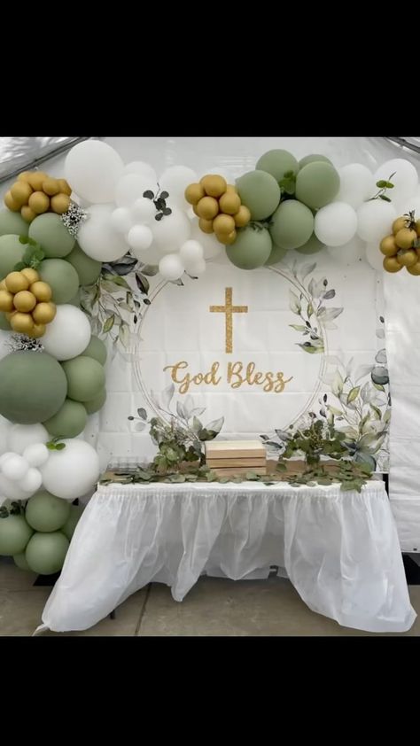 Bautizo Ideas Decoracion Nino Y Nina, Eucalyptus Baptism Decor, Baptism Celebration Ideas, Simple Baptism Decorations, Baptism Backdrop Ideas, Confirmation Party Ideas Catholic, Confirmation Decorations, Baptism Balloons, Bautizo Ideas Boy