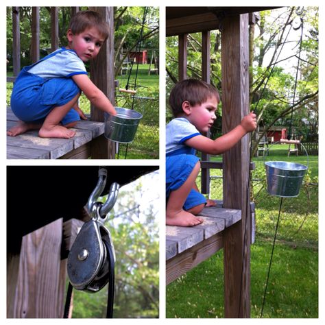 For a couple of bucks I made a bucket lift for the kids to bring small stuff up to the top of their playhouse/sandbox I built. I need to replace the black cord with stronger rope. Kids love it though. Used a pulley and an eye hook. Nature Playground, Motion Activities, Natural Playscapes, Rooftop Ideas, Kids Play Furniture, Preschool Playground, Kids Tree, Outdoor Play Structures, Kids Play Spaces