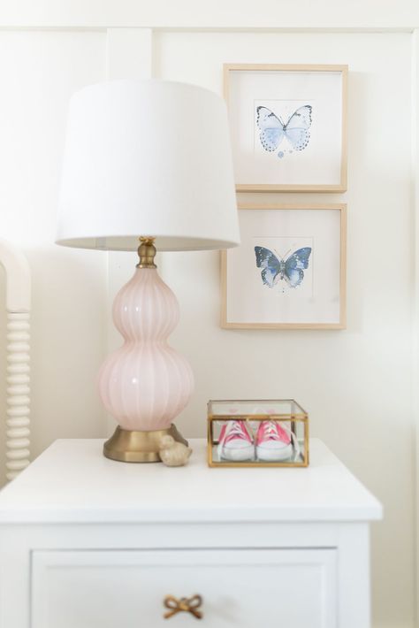 Recreate this beautiful bedroom in shades of pink and blue with classic furniture, playful art, and delicate textiles. Color Nursery, Painting Hardware, Glass Display Box, Butterfly Prints, Playful Art, Nursery Decor Inspiration, Sorority House, Big Girl Bedrooms, Butterfly Pillow