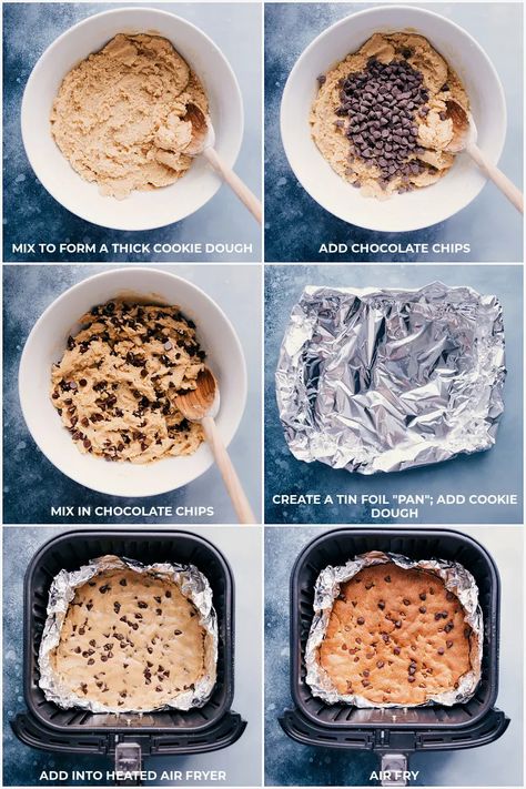 Air Fryer Pizookie (With A Tin Foil "Pan") - Chelsea's Messy Apron Low Fat Air Fryer Recipes, Deep Dish Cookie, Air Fryer Pan, Chelsea's Messy Apron, Pan Cookies, Peanut Butter No Bake, Peanut Butter Candy, Big Cookie, Vanilla Bean Ice Cream