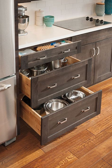 Our Three Drawer Base Cabinet easily fits your pots, pans and other large items. Remodeling House, Kitchen Base Cabinets, Kitchen Organizers, Best Kitchen Cabinets, Kitchen Cabinet Drawers, Desain Pantry, Decor Ikea, Small Kitchen Decor, New Kitchen Cabinets