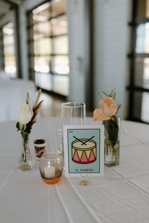 Loteria Table Numbers, Mexican Table Numbers, Bud Vases Candles, Elegant Table Decorations, Loteria Cards, Wedding Table Setting, Mexican Table, Wedding Tablescape, Table Number Cards