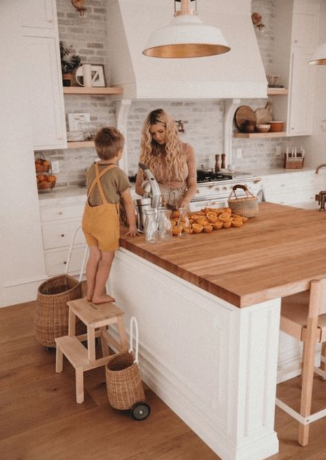 Butcher Block Island, Amber Fillerup Clark, White Wash Brick, Fresh Kitchen, Brick Backsplash, Farmhouse Kitchen Island, Amber Fillerup, Farm Kitchen, Butcher Block Countertops