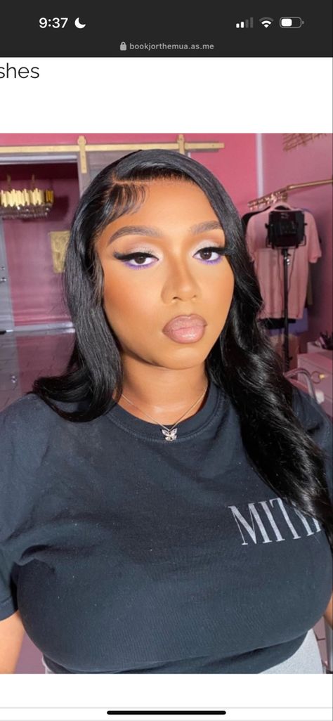 Soft Glam Makeup With Purple, Purple Soft Beat Makeup, Lavender Eye Makeup Black Women, Purple Makeup Looks For Black Women Prom, Lilac Makeup Black Women, Makeup Looks For Prom Purple Dress, Homecoming Makeup Purple Dress, Purple Birthday Makeup For Black Women, Prom Make Up Purple