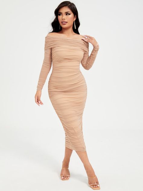 Mesh Dresses Bodycon, Rouched Dress Outfit, Ruched Dress Bodycon, Ruched Mesh Dress, Brown Strapless Dress, Split Hem Dress, Striped Tunic Dress, Frock For Women, Twisted Dress