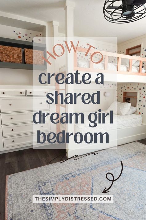 Three years in the making and I finally finished creating our dream girl bedroom. Here is everything I did to create a fun, whimsical and organized space for girls.  Girl bedroom aesthetic, Girl bedroom ideas for kids, Bunkbeds, Bedroom for kids, Bedroom for two sisters, Bedroom for girls modern, Girl room ideas, Girl room decor, Girl room makeover, Bedrooms for girls Bedroom For Girls Modern, 3 Girls Bedroom Ideas, Two Girls Bedroom Ideas, Bunkbed Bedroom Ideas, Girls Bunkbed Bedroom Ideas, Girl Bunk Bed Rooms, Girls Shared Bedroom Ideas, Bedroom For Two Sisters, Aesthetic Girl Bedroom