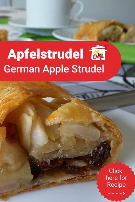 apple strudel slice on white plate with piece and coffee cup in background Apfelstrudel Recipe, German Apple Strudel Recipe, German Apple Strudel, Easy Apple Strudel Recipe, Traditional German Desserts, Apple Strudel Recipe, Easy Apple Strudel, German Pastries, Easy German Recipes