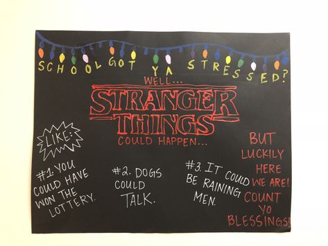 RA bulletin board Stranger Things Bulletin Board, Stranger Things Decorations, Ra College, Unique Bulletin Board Ideas, Resident Assistant Bulletin Boards, Chalkboard Walls, October Bulletin Boards, Dorm Themes, November Bulletin Boards