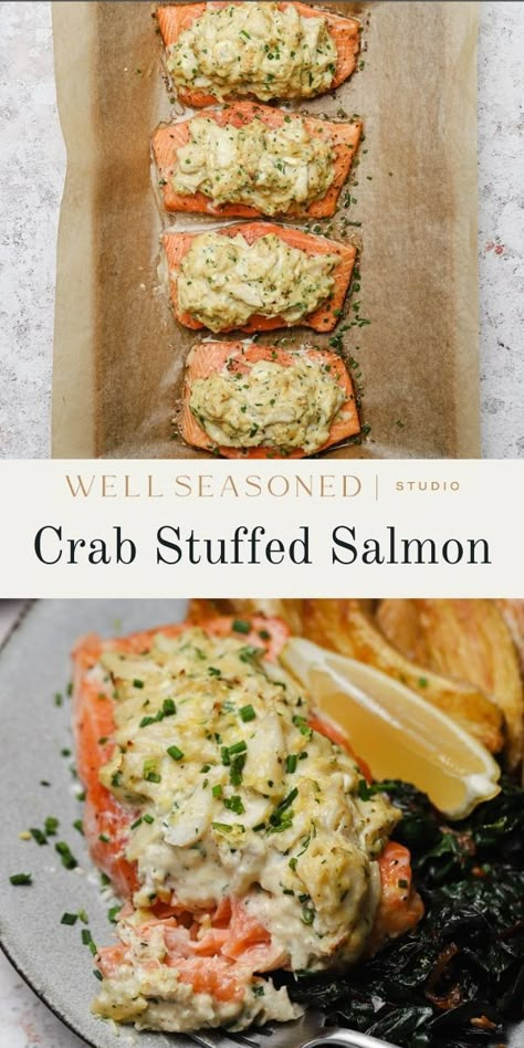 Salmon Flatbread Recipes, Carnivore Salmon Recipe, Salmon Crab Recipes, Crab Topped Salmon, Stuffed Salmon Side Dishes, Salmon With Crab Meat On Top, Crab Stuffed Salmon Recipes Baked, Salmon Stuffed With Crab, Fresh Crab Recipes