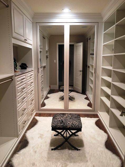 Custom Built-In Closet System With Full Wardrobe Cabinet Behind Mirror Doors! Closet With Mirror Inside, Mirror Inside Closet, Mirrored Walk In Closet, Mirror In Closet, Mirror Door Closet, Hidden Mirror In Wardrobe, Closet Mirror, Master Closet Design, Custom Closet Design