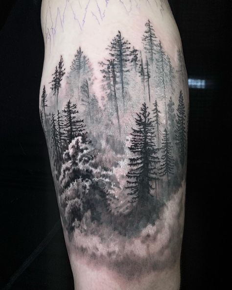 Snow Forest Tattoo, Fine Line Forest Tattoo, Forest Tattoo Sleeve Design, Mist Tattoo, Forest Sleeve Tattoo, Tattoo Fog, Forest Tattoo Sleeve, Reflection Tattoo, Chris Tattoo