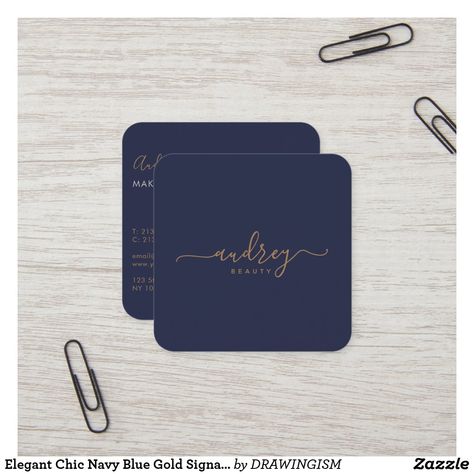 Navy Blue And Gold Business Cards, Blue And Gold Business Cards, Grey And Gold Business Cards, Black Gold Business Card Design, Blue And White Business Cards, Square Business Card, Business Card Template Design, Elegant Chic, Business Card Template