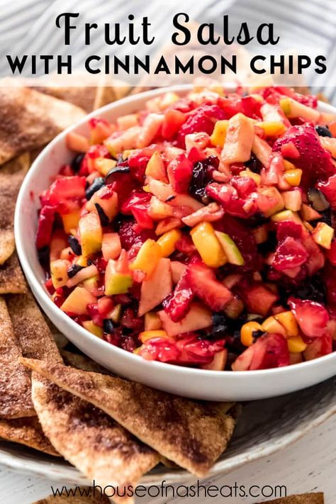 Fruit Dip With Cinnamon Pita Chips, Small Group Snacks, Sweet Fruit Dip, Easy Fruit Salsa, Fruit Salsa And Cinnamon Chips, Appetizer Summer, Cinnamon Chip Recipes, Fondue Ideas, Pool Food