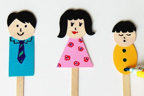 Family Stick Puppets | Kids' Crafts | Fun Craft Ideas | FirstPalette.com Craft For Family Theme, My Family Ideas For Preschool, Craft Stick Puppets, Art And Craft My Family Theme Preschool, Family Craft For Kindergarten, Stick Puppet Ideas, My Family Crafts Preschool, My Family Crafts For Kids Preschool, My Family Art And Craft Preschool