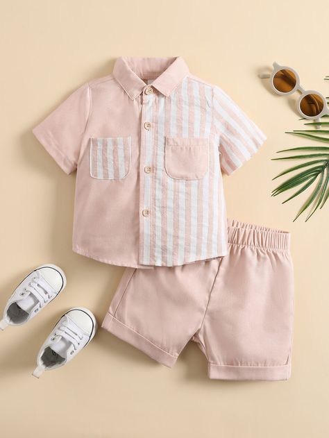 Dusty Pink Casual  Short Sleeve  Colorblock,Striped  Embellished Non-Stretch Summer Baby Clothing Boys Shirts Style, New Baby Dress, Boys Shirts Pattern, Kids Dress Collection, Kids Garments, Baby Boy Dress, Kids Frocks Design, Baby Dress Design