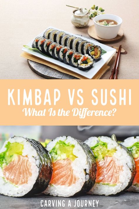 Have you ever wondered about what is different between Korean kimbap and Japanese sushi? Both use rice and dried seaweed. Beyond that, they are entirely different. For the Korean food and Japanese food lovers out there, check out this blog about the difference between kimbap and sushi! #Koreanfood #Japanesefood #kimbap #sushi Kimbap Filling Ideas, Korean Sushi Kimbap, Sushi Lunch Box Ideas, Easy Kimbap Recipe, Kimbap Recipe Korean, Kimbap Sushi, Gourmet Sushi, Korean Kimbap, Kimbap Recipe