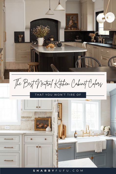 The Best Neutral Kitchen Cabinet Colors (That You Won’t Tire Of) - shabbyfufu.com Pavestone Sherwin Williams Cabinets, Linen Colored Kitchen Cabinets, Neutral Kitchen Cabinet Colors, Neutral Kitchen Cabinets, Ivory Kitchen Cabinets, Neutral Cabinets, Benjamin Moore Kitchen, Timeless Paint Colors, Ivory Kitchen