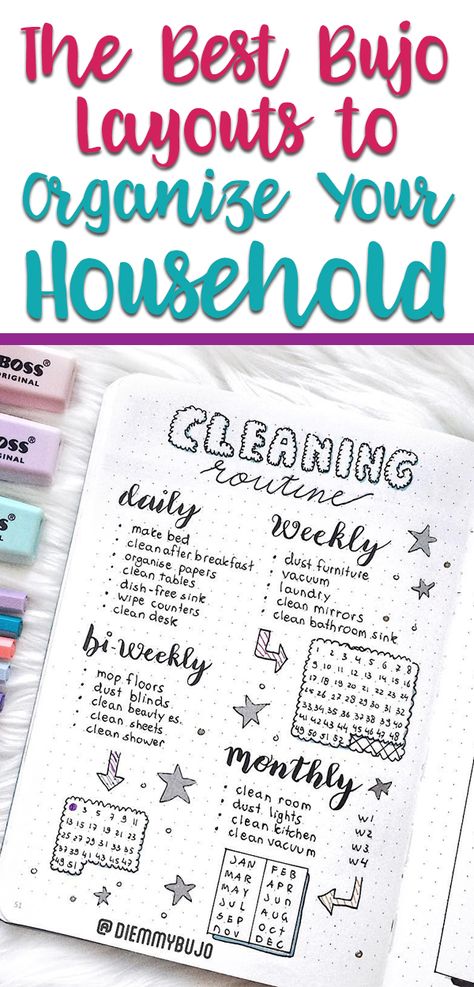 Bullet journal cleaning layouts and more to help with household management! Learn how bullet journaling is perfect to help make your life easier through spreads for Konmari, cleaning routines, household projects, spring cleaning, and other great inspirational bullet journal ideas! Bullet journal ideas for chores. #bulletjournaling #chores #bujo #bulletjournal #bujolayouts #planner #planning #journalideas #cleaning #journal #organization Bujo Layout Ideas, Dot Journal Ideas, Cleaning Journal, Dot Journaling, Ideas Bullet Journal, Cleaning Routines, Dotted Journal, Digital Bullet Journal, Bujo Layout