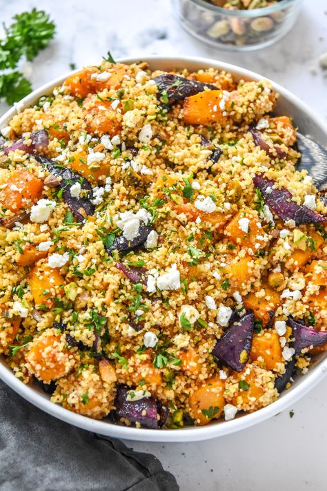 Full of cozy Fall flavors, this Roasted Butternut Squash Couscous Salad with maple vinaigrette makes an incredible no-reheat lunch or dinner side! It's both sweet and salty, plus packed with roasted squash, pistachios, and feta! ProjectMealPlan.com Butternut Squash Couscous, Salad With Maple Vinaigrette, Couscous Salad Recipes, Chicken Couscous, Maple Vinaigrette, Squash Salad, Dinner Side, Couscous Recipes, Roasted Pumpkin