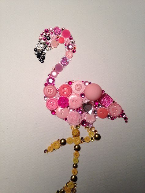 Button Tree Canvas, Button Canvas, Flamingo Craft, Button Creations, Flamingo Wall Art, Flamingo Decor, Glitter Canvas, Flamingo Art, Vintage Jewelry Art