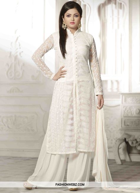 Fashionable Chicken Work Drashti Dhami Palazzo Style Designer Suit                                                                                                                                                      More Chicken Work Kurti, Net Dresses Pakistani, White Salwar Suit, Drashti Dhami, Gaun Fashion, Net Dress, Salwar Kameez Designs, Indian Designer Outfits, Designer Dresses Indian