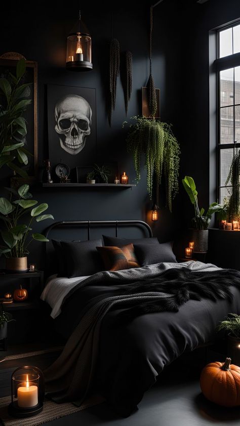 Black Bed Frame Wooden Bed Frame Simple Bed Designs, Black Bedroom Decor, Gothic Room, Gothic Bedroom, Halloween Bedroom, Wooden Bed Design, Dark Home Decor, Bed Design Modern, Bedroom Wallpaper