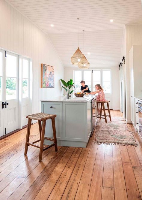 Queenslander Kitchen, Extension Windows, Vj Panelling, Queenslander Renovation, Hastings House, Queenslander Homes, Queenslander House, Outdoor Stool, Australian Country