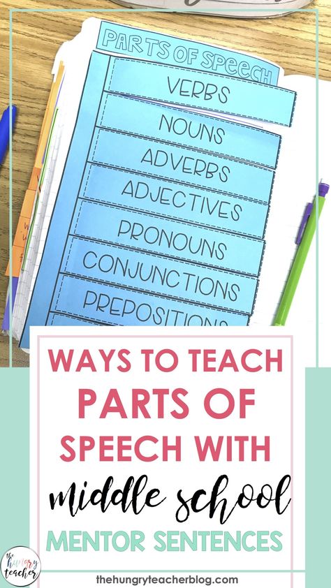 Teaching Verbs Middle School, Teaching Parts Of Speech, Parts Of Speech Interactive Notebook, Mentor Sentences Middle School, Teaching Verbs, Middle School Grammar, Middle School Literature, Mentor Sentences, Interactive Student Notebooks