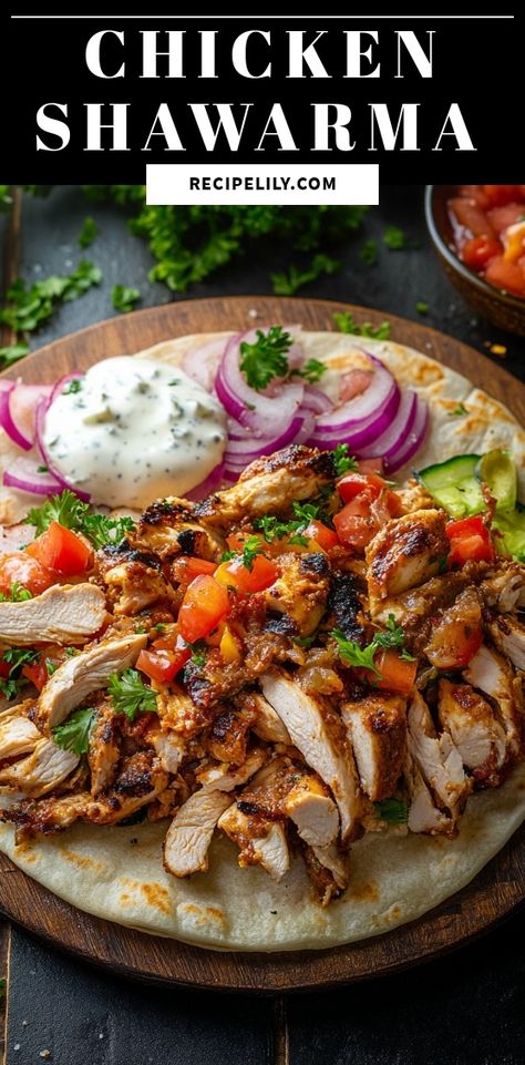 Discover the mouthwatering world of Chicken Shawarma with this delicious recipe! Juicy, marinated chicken is perfectly spiced and grilled to perfection, wrapped in warm pita or served over fluffy rice. Elevate your meals with homemade garlic sauce and fresh veggies for a burst of flavor in every bite. Whether you're hosting a dinner party or looking for a quick weeknight meal, this Chicken Shawarma recipe is sure to impress! Explore tips for preparation and serving that will make your dish irresistible. Save this pin for a taste of the Middle East right in your kitchen! Chicken Shawarma With Rice, Swarma Chicken And Rice, Shawarma Seasoning Recipe, Chicken Shawarma Sheet Pan, Sharma Chicken Recipe, Swarma Chicken Marinade Recipe, Baked Chicken Shawarma, Chicken Shawarma Bowl Recipe, Chicken Swarma Meal Oven