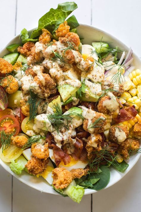 Fried Crawfish Cobb Salad — My Diary of Us Fried Fish Salad, Crawfish Salad Recipes, Crawfish Cucumber Salad, Cajun Crab Salad, Leftover Crawfish Boil Recipes, Crawfish Salad, Low Carb Crawfish Recipes, Fried Crawfish Tails, Crayfish Salad