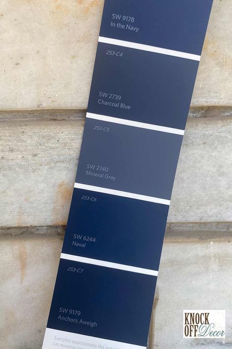 Anchors Aweigh Sherwin Williams, Sherwin Williams Anchors Aweigh, Navy Blue Houses, Navy Blue Paint Colors, Blue Paint Color, Navy Blue Paint, Small House Exterior, Yellow Paint Colors, Dark Grey Paint