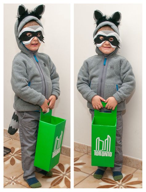 Kids DIY Homemade Raccoon Costume complete with Toronto green bin for candy collection. #Canadian Diy Racoon Costume, Raccoon Costume Diy, Racoon Costume, Raccoon Mask, Raccoon Costume, Animal Costumes For Kids, Kid Costume, Green Bin, Deer Costume