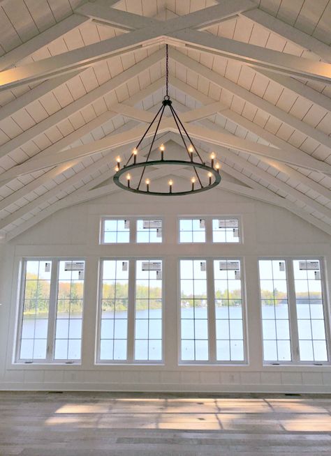 House update of the building process of a lake home in Michigan. White kitchen, dark grey and white siding, and planked ceilings. Cottage Ceiling, Garage Suite, Vaulted Ceiling Ideas, Muskoka Cottage, White Siding, White Beams, Addition Ideas, Building Process, Scotland Wedding