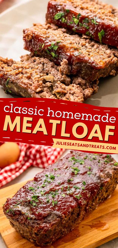 Learn how to make your own Homemade Meatloaf for an easy main dish recipe! This no-fail classic recipe has a sweet and tangy ketchup glaze on top. Pin this simple dinner recipe! Meatloaf Without Milk Recipes, Meatloaf Recipes With Milk, Meatloaf With No Ketchup, Meatloaf Recipes Without Tomato Sauce Or Ketchup, Meatloaf Recipes With 1 Lb Of Meat, Meatloaf With Ketchup Glaze, Meatloaf Sauce Without Ketchup, Ketchup Topping For Meatloaf, Meatloaf Recipes No Milk