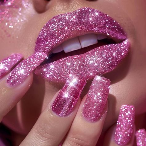 Lipsticks Aesthetic, Pink Glitter Aesthetic, Pink Glittery Nails, Barbie Aesthetics, Glittery Makeup, Pastel Lips, Lips Aesthetic, Daisy Acrylic Nails, Sparkle Lips