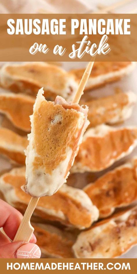 Savory and sweet unite in this delicious sausage pancake on a stick recipe. A convenient, handheld breakfast treat that’s perfect for on-the-go mornings! Breakfast Sausage Pancake Sticks, Homemade Sausage Pancake On A Stick, Pancakes And Sausage Breakfast, Sausage Wrapped In Pancake, Pancake Sausage On A Stick Air Fryer, Sausage On A Stick Recipes, Pancake Sausage Bites, Sausage Pancakes On A Stick, Pancake Sticks