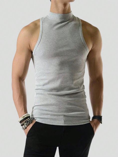 Grey Casual Collar Sleeveless Knitted Fabric Plain  Embellished Medium Stretch Summer Men Clothing