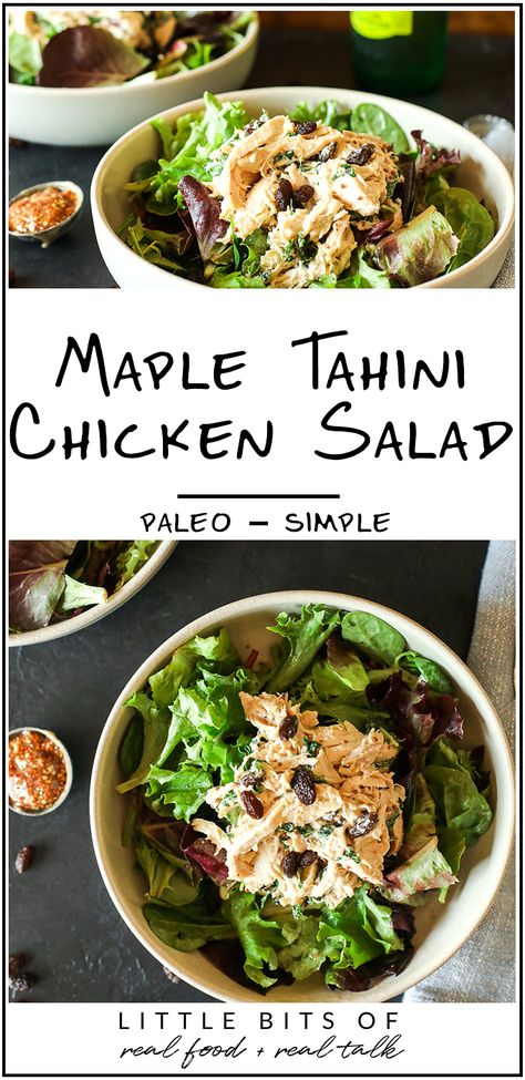 Maple Tahini Chicken Salad - Little Bits of... Maple Chicken Salad, Tahini Chicken Salad, Chicken Salad Wrap Recipe, Tahini Chicken, Dressing Healthy, Chicken Wrap Recipes, Medicine Tips, Paleo Foods, Sweet Potato Toast