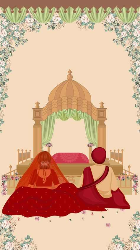 Wedding Invite Background, Sikh Wedding Invitations Cards, Sikh Wedding Card, Sikh Wedding Invitation, Quirky Invitations, Wedding Illustration Card, Couple Illustration Wedding, Indian Invitation Cards, Digital Wedding Invitations Design