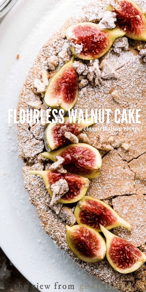 Flourless Walnut Cake with Fresh Figs is a 3 ingredient gluten free cake topped with figs and whipped cream. This classic Italian recipe is truly special! #easy #recipe #glutenfree #grainfree #healthy #Italian #torte #authentic #souffle #cake #dessert #walnuts #lowcarb #fluffy Figs Dessert Recipes, Fig Desserts Easy, Fig Desert, Italian Torte, Fig Desserts, Fig Recipes Dessert, Walnut Flour, Figs Recipes, Fig Dessert