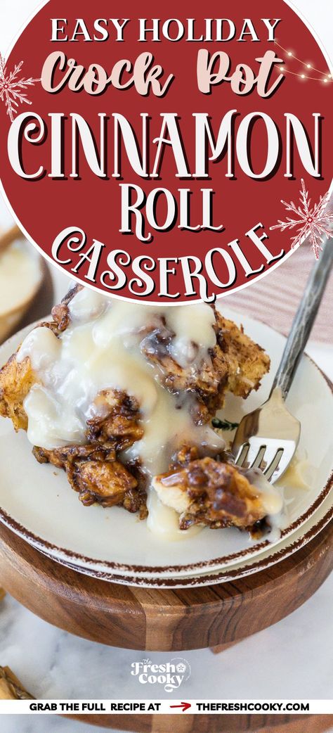 Get into the Christmas spirit with this delicious and festive Crock Pot Cinnamon Roll Casserole! It's the perfect way to start your holiday morning and is sure to be a hit with your family and friends. Recipe via @thefreshcooky #ChristmasCooking #CinnamonRolls Cinnamon Rolls Homemade Crock Pot, Crockpot Apple Cinnamon Rolls With Heavy Cream, Instant Pot Cinnamon Roll Casserole, Cinnamon Rolls In Crockpot Pillsbury, Dessert In Crock Pot Easy Recipes, Slow Cooker Cinnamon Roll Casserole, Cinnamon Roll Crockpot Casserole, Cinnamon Rolls In Crockpot, Cinnamon Roll Crockpot