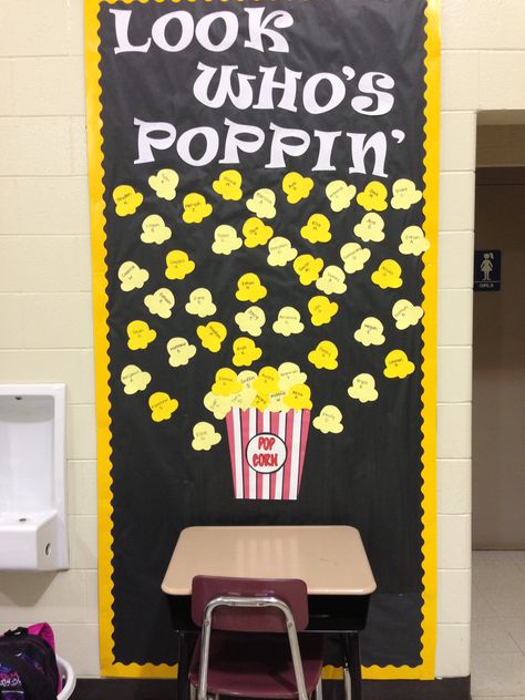 Popcorn board with the kids' name on the popcorn Popcorn Board, Birthday Chart Classroom, Reading Month, Classroom Tour, Popcorn Kernels, Welcome Boards, 1st Birthday Cards, School Room, Classroom Decor