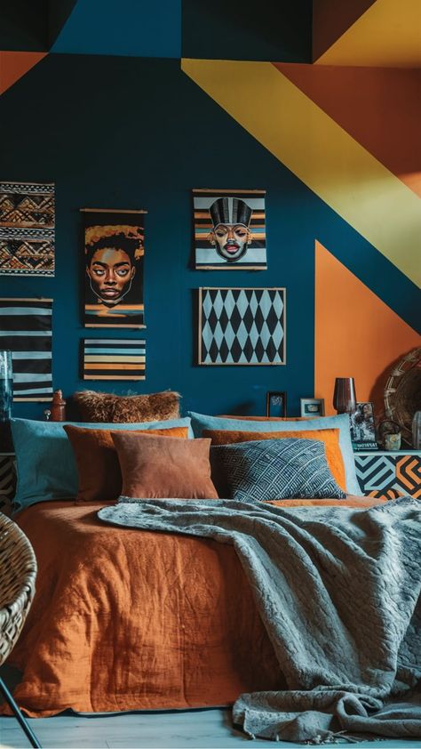 Discover the beauty of Afrocentric bedroom decor with these inspiring ideas. Embrace vibrant colors, bold patterns, and cultural motifs to create a cozy and stylish space that reflects your heritage. From traditional African textiles to handcrafted furniture, infuse your bedroom with elements that celebrate African culture in a modern way. Whether you're going for a bold statement or subtle accents, incorporating Afrocentric design touches can transform your bedroom into a unique retreat that sp Split Complementary Interior Design, Complementary Interior Design, African Inspired Bedroom, Afrocentric Bedroom, Complementary Interior, African Bedroom, Afro Boho, Afrocentric Decor, Split Complementary